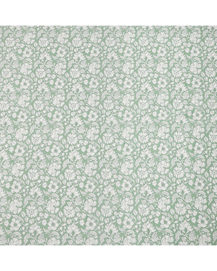 Sage Green Base White Traditional Floral Printed Cotton Lawn Fabric with Intricate Outline Detailing, 110 Cms Width, Made in India-D24276