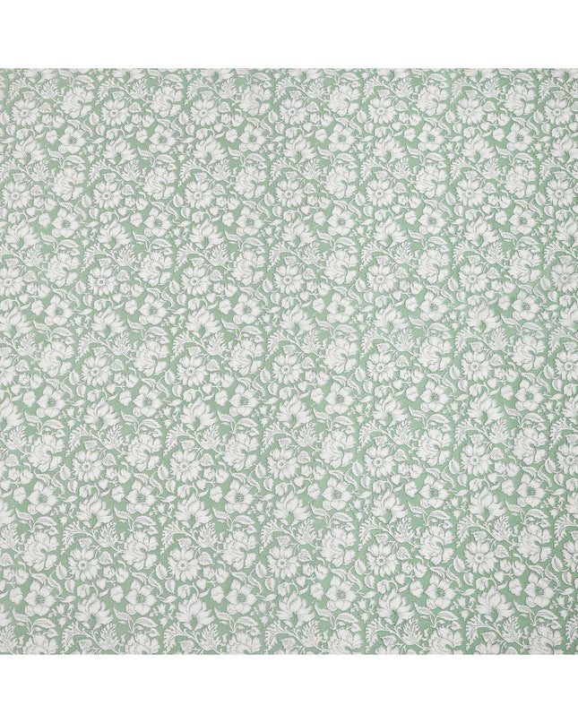 Sage Green Base White Traditional Floral Printed Cotton Lawn Fabric with Intricate Outline Detailing, 110 Cms Width, Made in India-D24276
