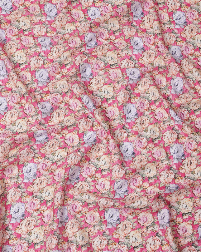 Pink Base Multicolor Hand-Sketched Floral Rose Printed Cotton Lawn Fabric with Vintage Aesthetic, 110 Cms Width, Made in India-D24277