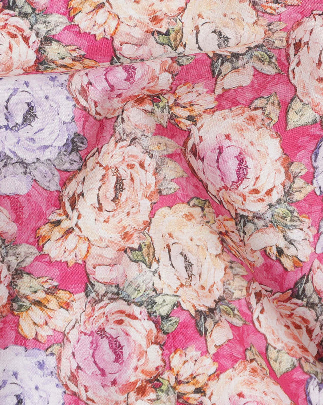 Pink Base Multicolor Hand-Sketched Floral Rose Printed Cotton Lawn Fabric with Vintage Aesthetic, 110 Cms Width, Made in India-D24277