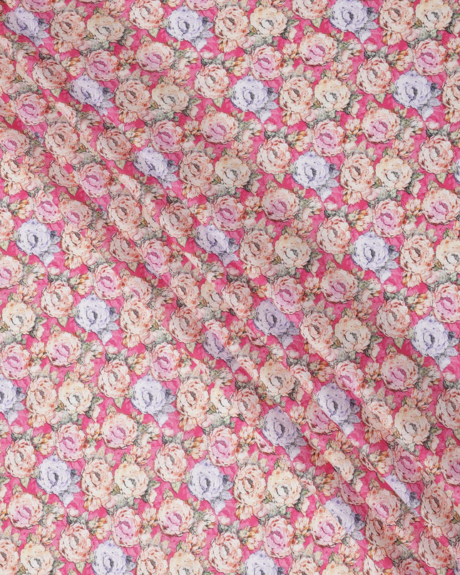 Pink Base Multicolor Hand-Sketched Floral Rose Printed Cotton Lawn Fabric with Vintage Aesthetic, 110 Cms Width, Made in India-D24277