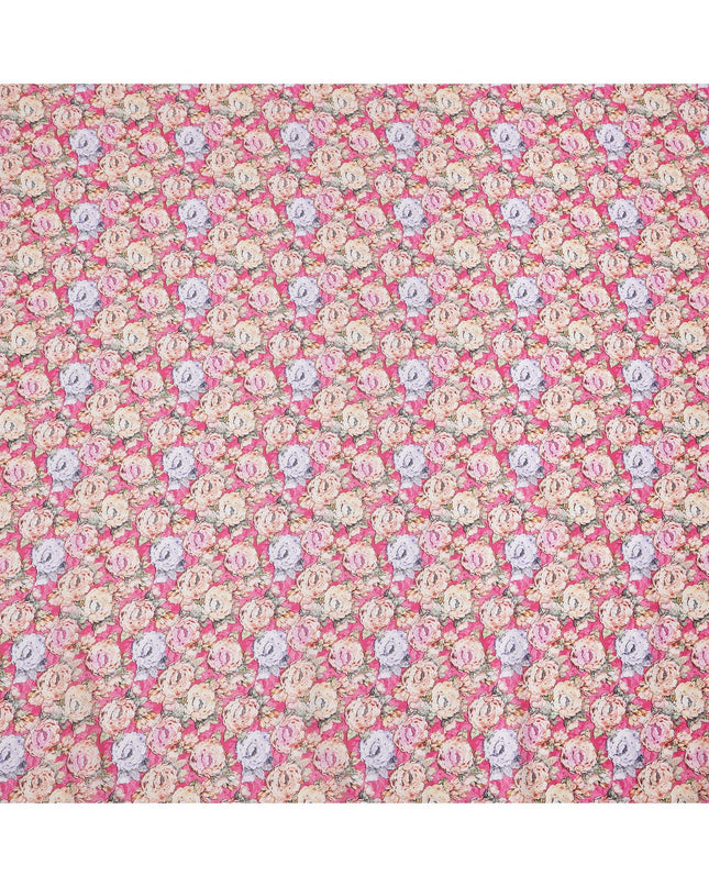 Pink Base Multicolor Hand-Sketched Floral Rose Printed Cotton Lawn Fabric with Vintage Aesthetic, 110 Cms Width, Made in India-D24277