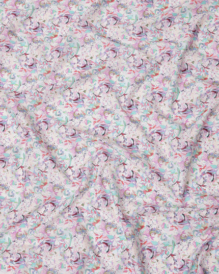 قماش قطني مطبوع عليه زهور تجريدية متعدد الألوان بقاعدة لافندر مع زخارف فنية، عرض 110 سم، صنع في الهند - D24278