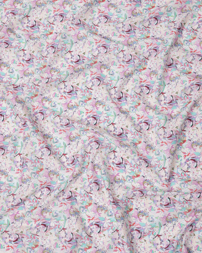 Lavender Base Multicolor Abstract Floral Printed Cotton Lawn Fabric with Artistic Motifs, 110 Cms Width, Made in India-D24278