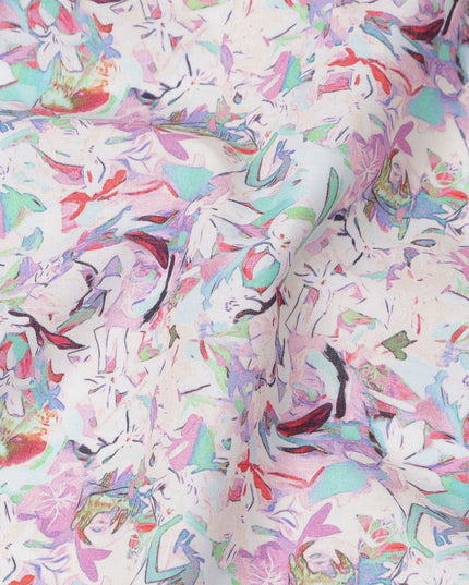 قماش قطني مطبوع عليه زهور تجريدية متعدد الألوان بقاعدة لافندر مع زخارف فنية، عرض 110 سم، صنع في الهند - D24278