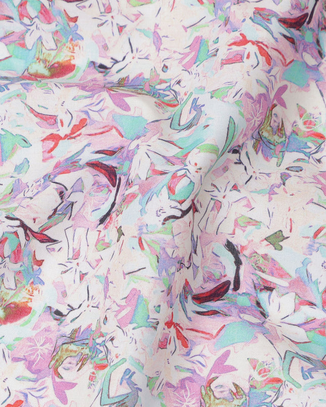 Lavender Base Multicolor Abstract Floral Printed Cotton Lawn Fabric with Artistic Motifs, 110 Cms Width, Made in India-D24278