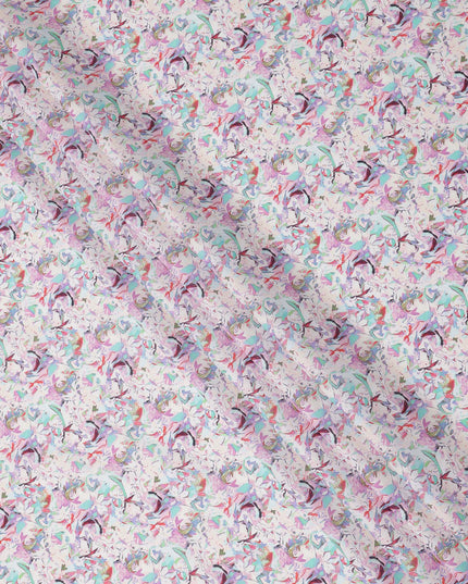 قماش قطني مطبوع عليه زهور تجريدية متعدد الألوان بقاعدة لافندر مع زخارف فنية، عرض 110 سم، صنع في الهند - D24278