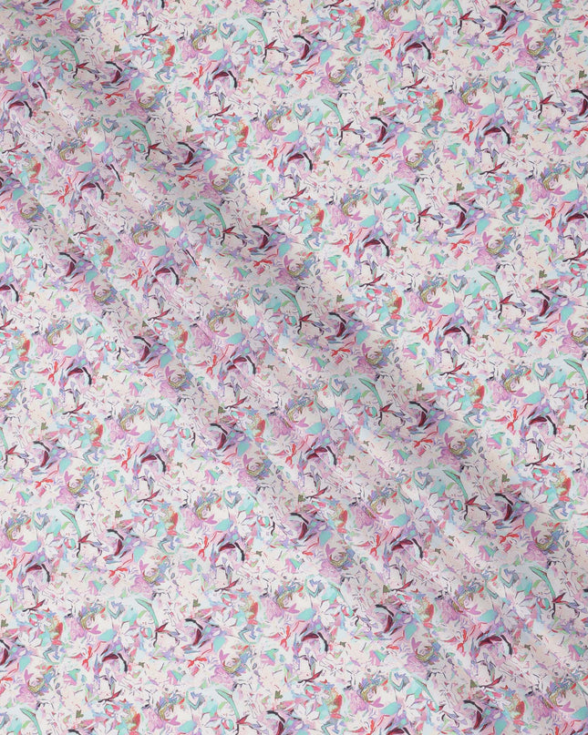 Lavender Base Multicolor Abstract Floral Printed Cotton Lawn Fabric with Artistic Motifs, 110 Cms Width, Made in India-D24278