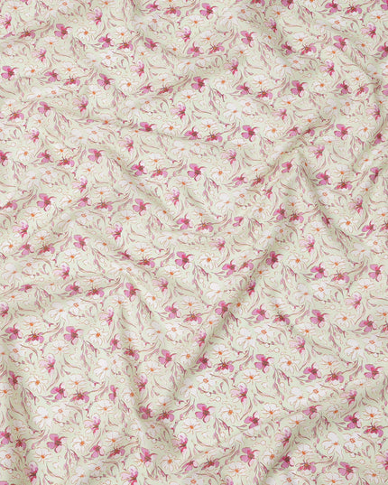 Cream Base Pink and Magenta Floral Printed Cotton Lawn Fabric with Delicate Vine Motifs, 110 Cms Width, Made in India-D24279