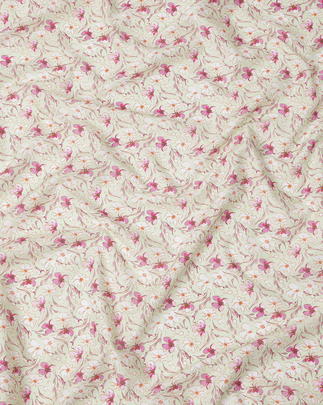 Cream Base Pink and Magenta Floral Printed Cotton Lawn Fabric with Delicate Vine Motifs, 110 Cms Width, Made in India-D24279