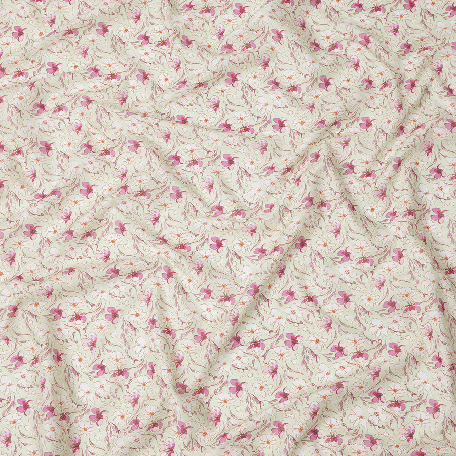 Cream Base Pink and Magenta Floral Printed Cotton Lawn Fabric with Delicate Vine Motifs, 110 Cms Width, Made in India-D24279