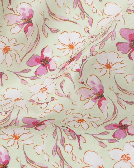 Cream Base Pink and Magenta Floral Printed Cotton Lawn Fabric with Delicate Vine Motifs, 110 Cms Width, Made in India-D24279