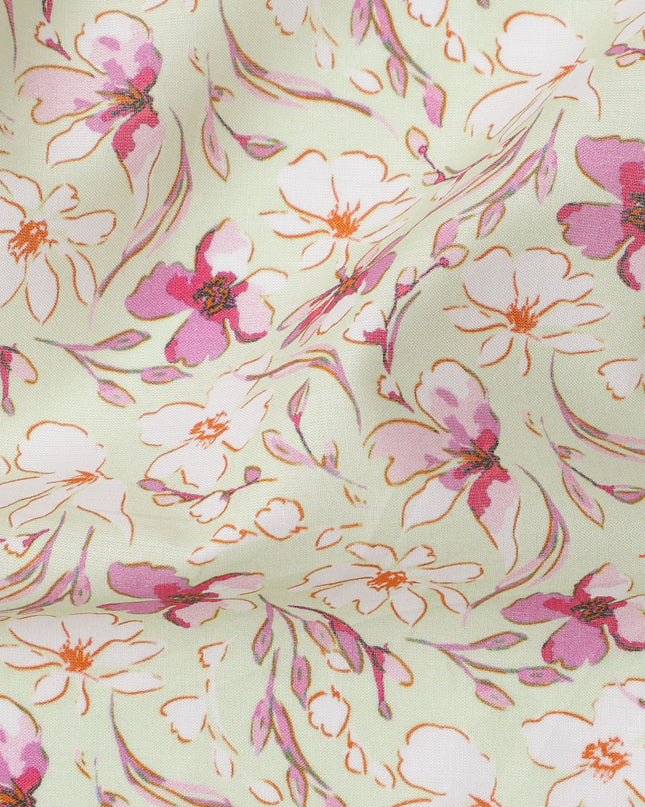 Cream Base Pink and Magenta Floral Printed Cotton Lawn Fabric with Delicate Vine Motifs, 110 Cms Width, Made in India-D24279