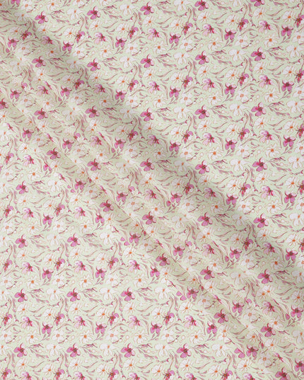 Cream Base Pink and Magenta Floral Printed Cotton Lawn Fabric with Delicate Vine Motifs, 110 Cms Width, Made in India-D24279