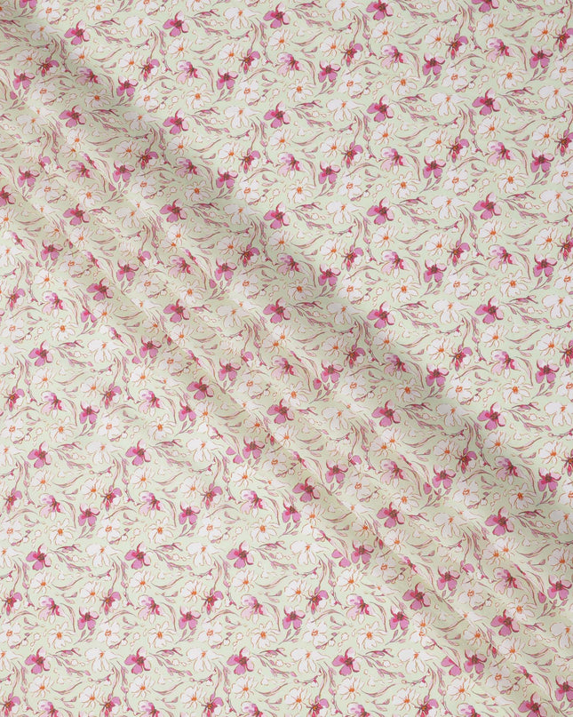 Cream Base Pink and Magenta Floral Printed Cotton Lawn Fabric with Delicate Vine Motifs, 110 Cms Width, Made in India-D24279