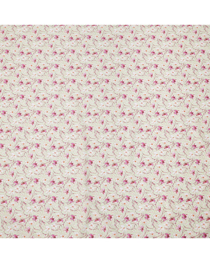 Cream Base Pink and Magenta Floral Printed Cotton Lawn Fabric with Delicate Vine Motifs, 110 Cms Width, Made in India-D24279