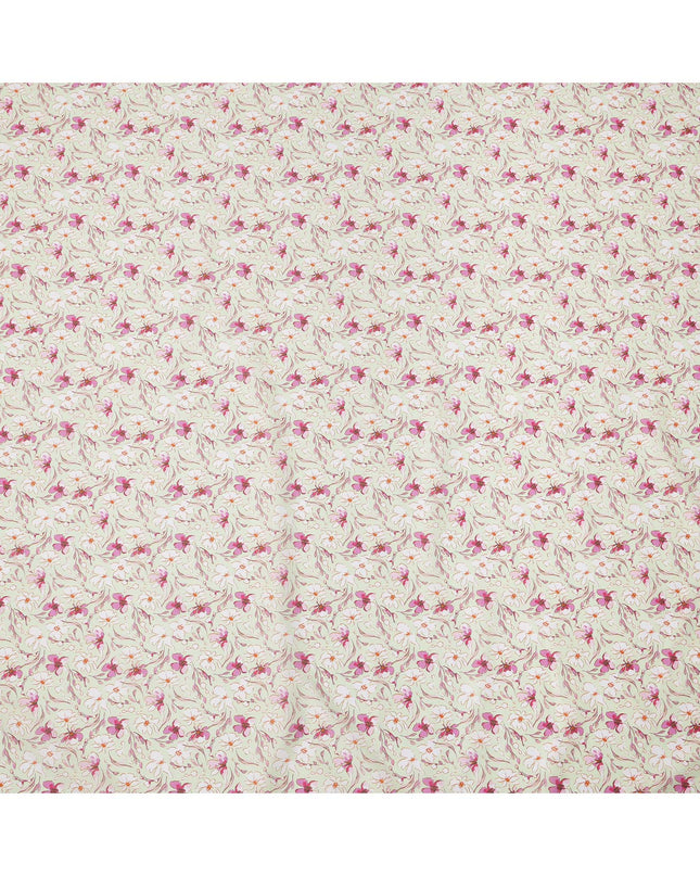 Cream Base Pink and Magenta Floral Printed Cotton Lawn Fabric with Delicate Vine Motifs, 110 Cms Width, Made in India-D24279