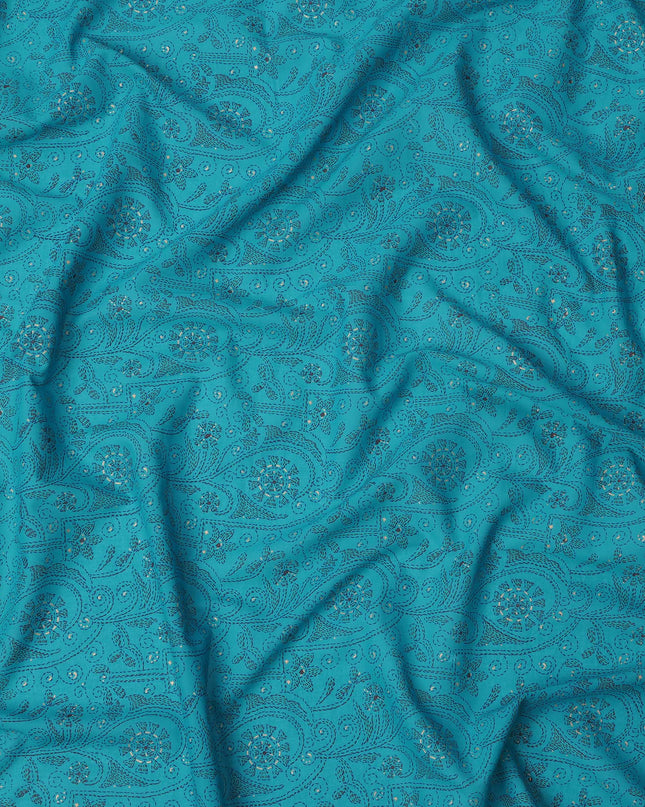 Turquoise Blue Paisley Sequin Printed Cotton Lawn Fabric with Intricate Ethnic Motifs, 110 Cms Width, Made in India-D24280