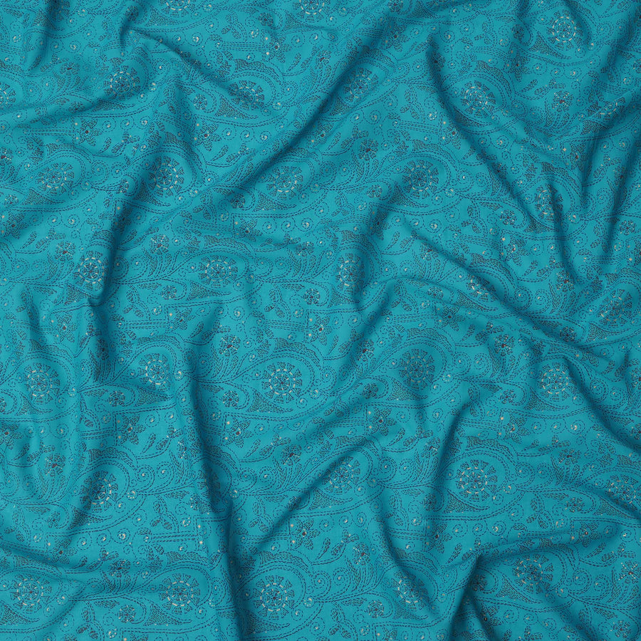 قماش قطني مطبوع عليه نقشة بيزلي زرقاء فيروزية مع زخارف عرقية معقدة، عرض 110 سم، صنع في الهند - D24280