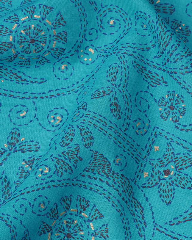 Turquoise Blue Paisley Sequin Printed Cotton Lawn Fabric with Intricate Ethnic Motifs, 110 Cms Width, Made in India-D24280