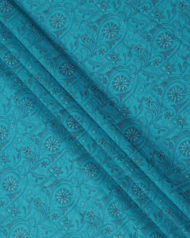 Turquoise Blue Paisley Sequin Printed Cotton Lawn Fabric with Intricate Ethnic Motifs, 110 Cms Width, Made in India-D24280