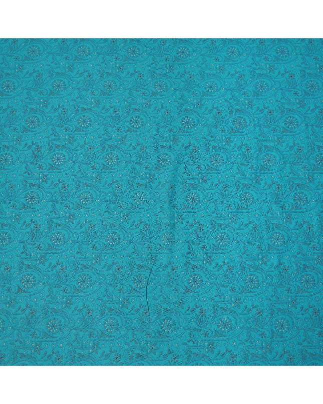 Turquoise Blue Paisley Sequin Printed Cotton Lawn Fabric with Intricate Ethnic Motifs, 110 Cms Width, Made in India-D24280
