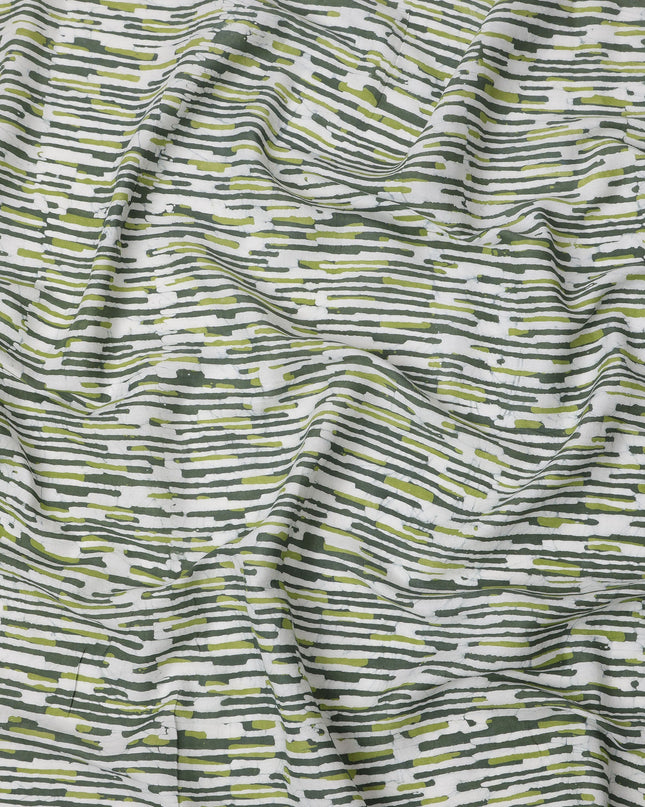 White Base with Olive Green & Charcoal Abstract Linear Striped Print Cotton Lawn Fabric, 110 Cms Width, Made in India-D24284