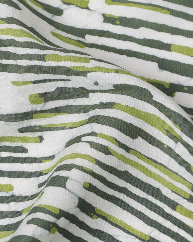 White Base with Olive Green & Charcoal Abstract Linear Striped Print Cotton Lawn Fabric, 110 Cms Width, Made in India-D24284