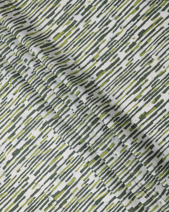 White Base with Olive Green & Charcoal Abstract Linear Striped Print Cotton Lawn Fabric, 110 Cms Width, Made in India-D24284
