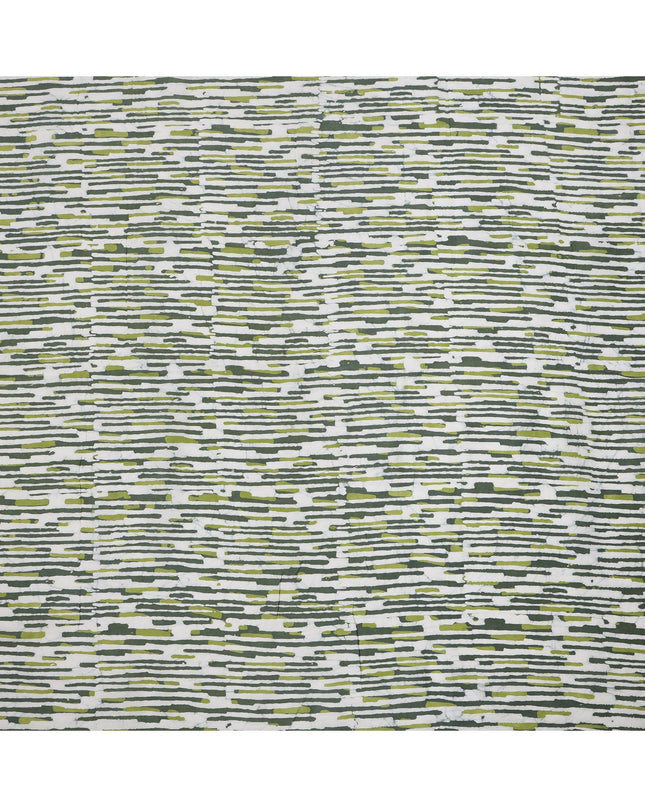 White Base with Olive Green & Charcoal Abstract Linear Striped Print Cotton Lawn Fabric, 110 Cms Width, Made in India-D24284