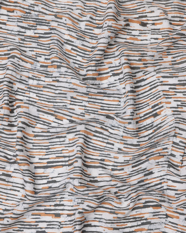 White Base with Rust Orange and Charcoal Grey Abstract Striped Print Cotton Lawn Fabric, 110 Cms Width, Made in India-D24285