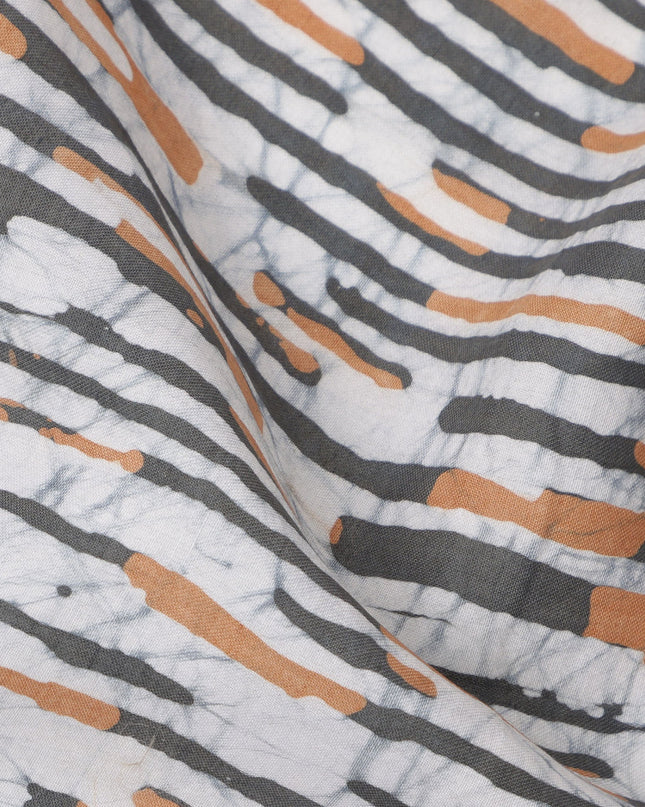 White Base with Rust Orange and Charcoal Grey Abstract Striped Print Cotton Lawn Fabric, 110 Cms Width, Made in India-D24285