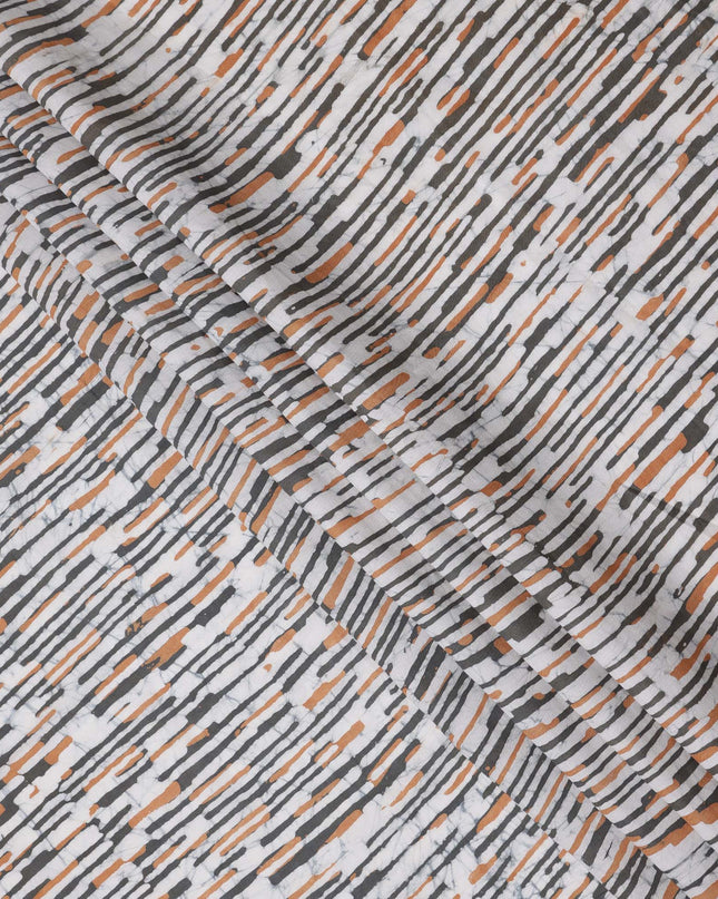 White Base with Rust Orange and Charcoal Grey Abstract Striped Print Cotton Lawn Fabric, 110 Cms Width, Made in India-D24285