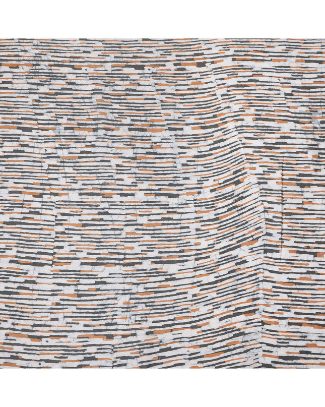White Base with Rust Orange and Charcoal Grey Abstract Striped Print Cotton Lawn Fabric, 110 Cms Width, Made in India-D24285