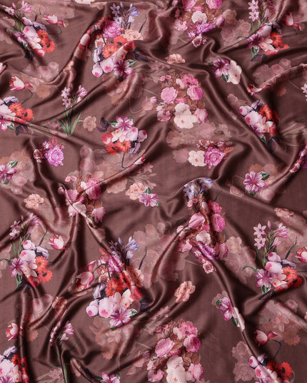 Brown Floral Print Synthetic Satin Fabric, 140 Cms Width, India-D25218