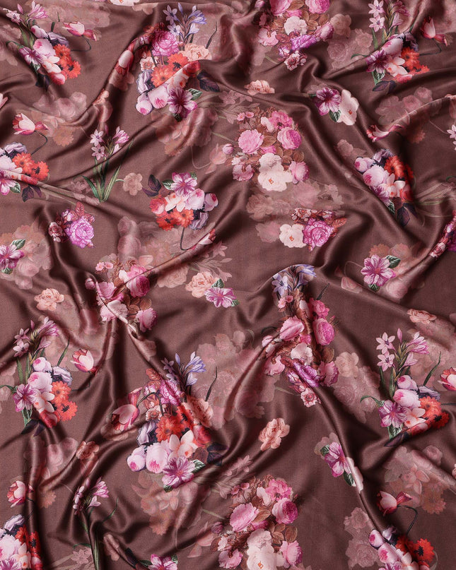 Brown Floral Print Synthetic Satin Fabric, 140 Cms Width, India-D25218