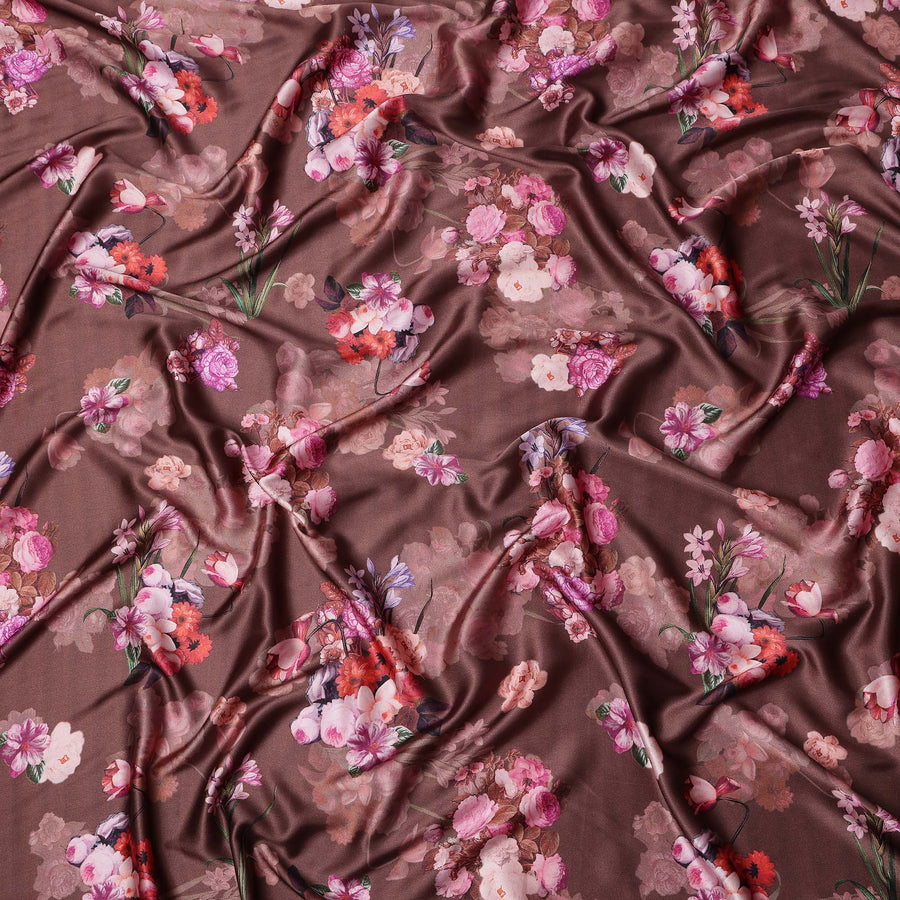 Brown Floral Print Synthetic Satin Fabric, 140 Cms Width, India-D25218