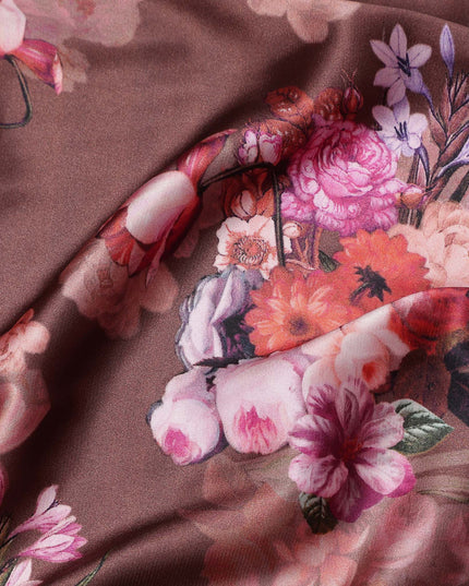 Brown Floral Print Synthetic Satin Fabric, 140 Cms Width, India-D25218