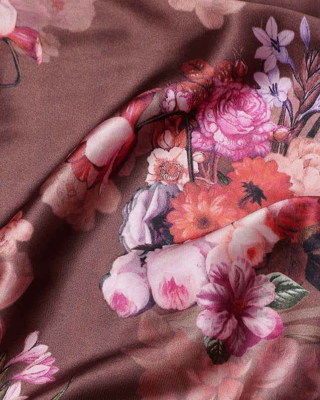 Brown Floral Print Synthetic Satin Fabric, 140 Cms Width, India-D25218