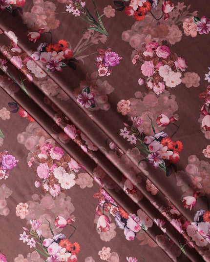 Brown Floral Print Synthetic Satin Fabric, 140 Cms Width, India-D25218