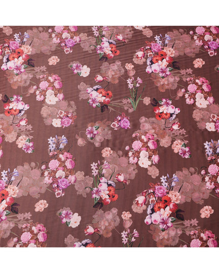 Brown Floral Print Synthetic Satin Fabric, 140 Cms Width, India-D25218