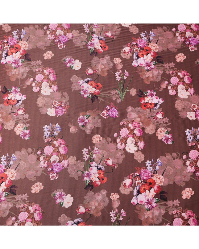 Brown Floral Print Synthetic Satin Fabric, 140 Cms Width, India-D25218