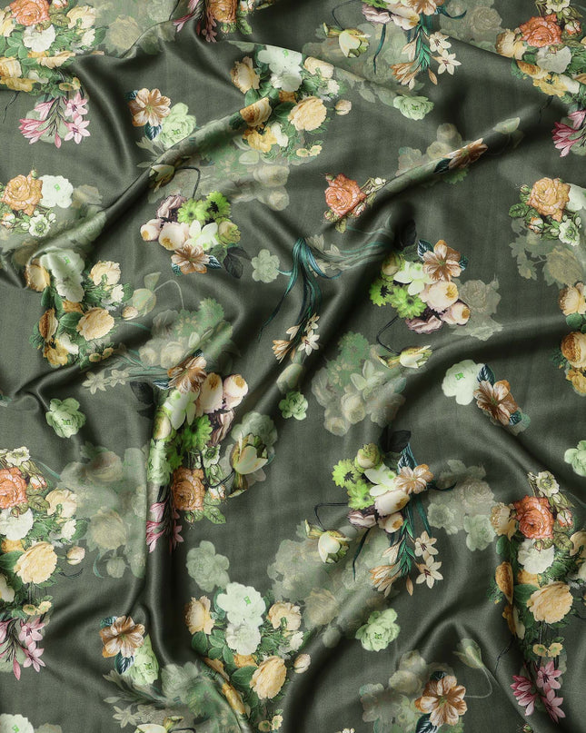 Green Floral Print Synthetic Satin Fabric, 140 Cms Width, India-D25219