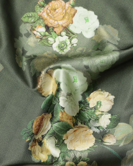 Green Floral Print Synthetic Satin Fabric, 140 Cms Width, India-D25219