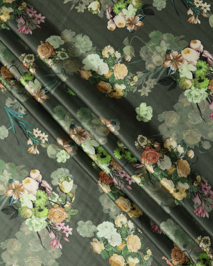 Green Floral Print Synthetic Satin Fabric, 140 Cms Width, India-D25219