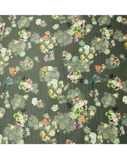 Green Floral Print Synthetic Satin Fabric, 140 Cms Width, India-D25219