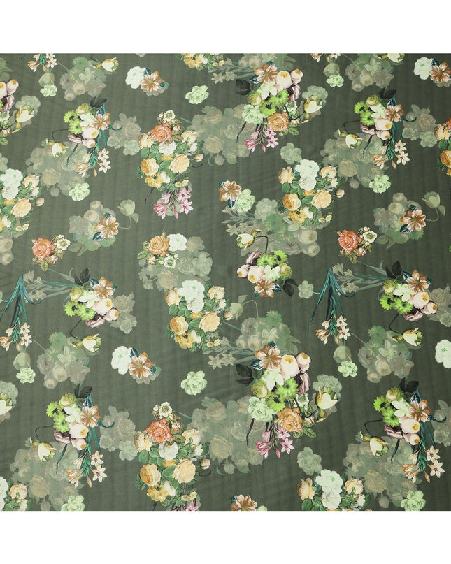 Green Floral Print Synthetic Satin Fabric, 140 Cms Width, India-D25219