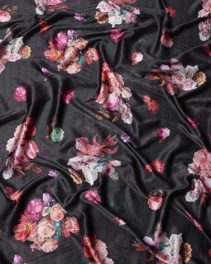 Black Floral Print Synthetic Satin Fabric, 140 Cms Width, India-D25220
