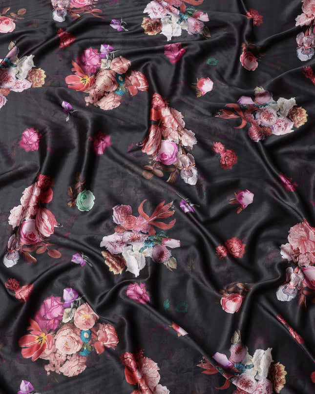 Black Floral Print Synthetic Satin Fabric, 140 Cms Width, India-D25220