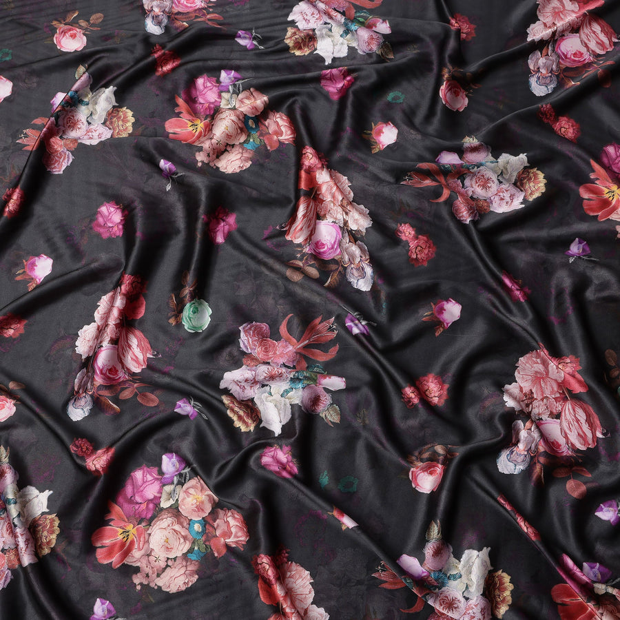 Black Floral Print Synthetic Satin Fabric, 140 Cms Width, India-D25220
